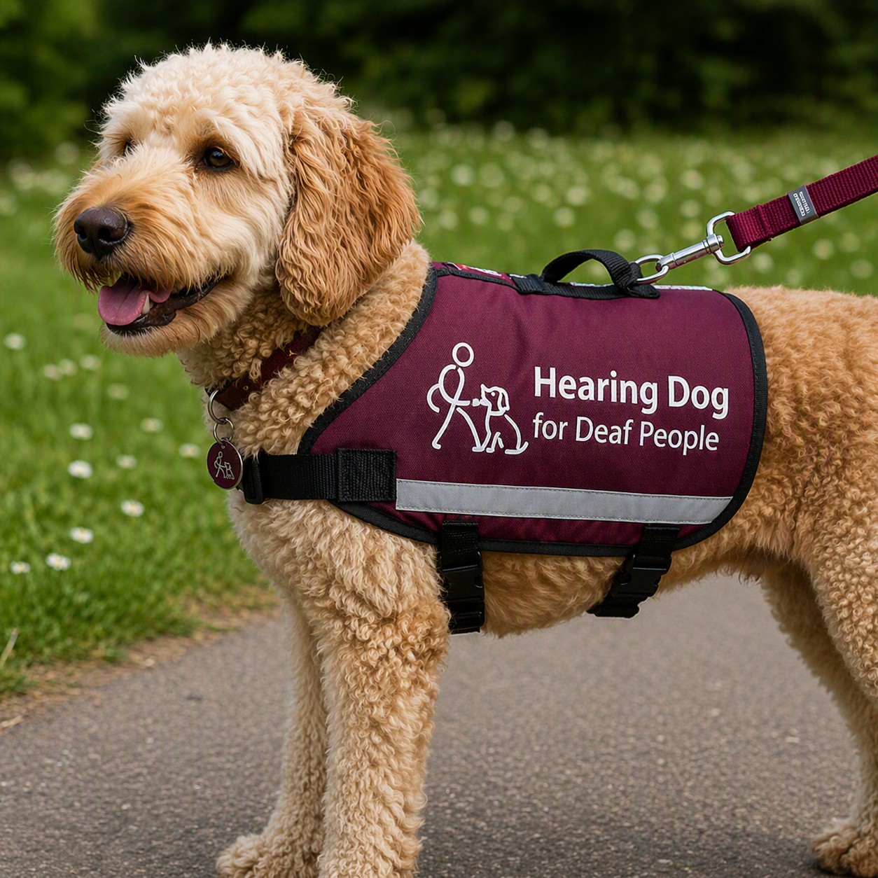 Dog wearing a Hearing Dog for Deaf People Jacket.