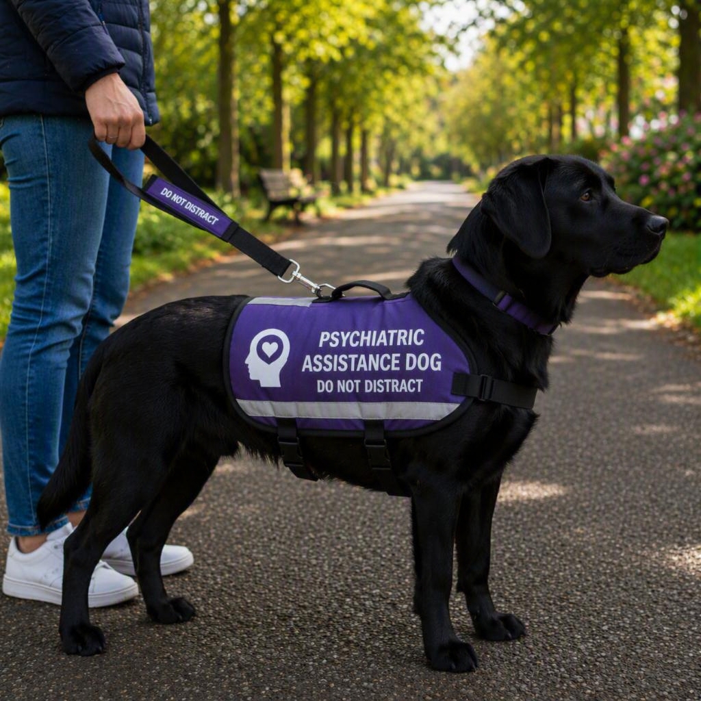 Dog wearing a Psychiatric Assistance Dog (PAD) Jacket with its handler.