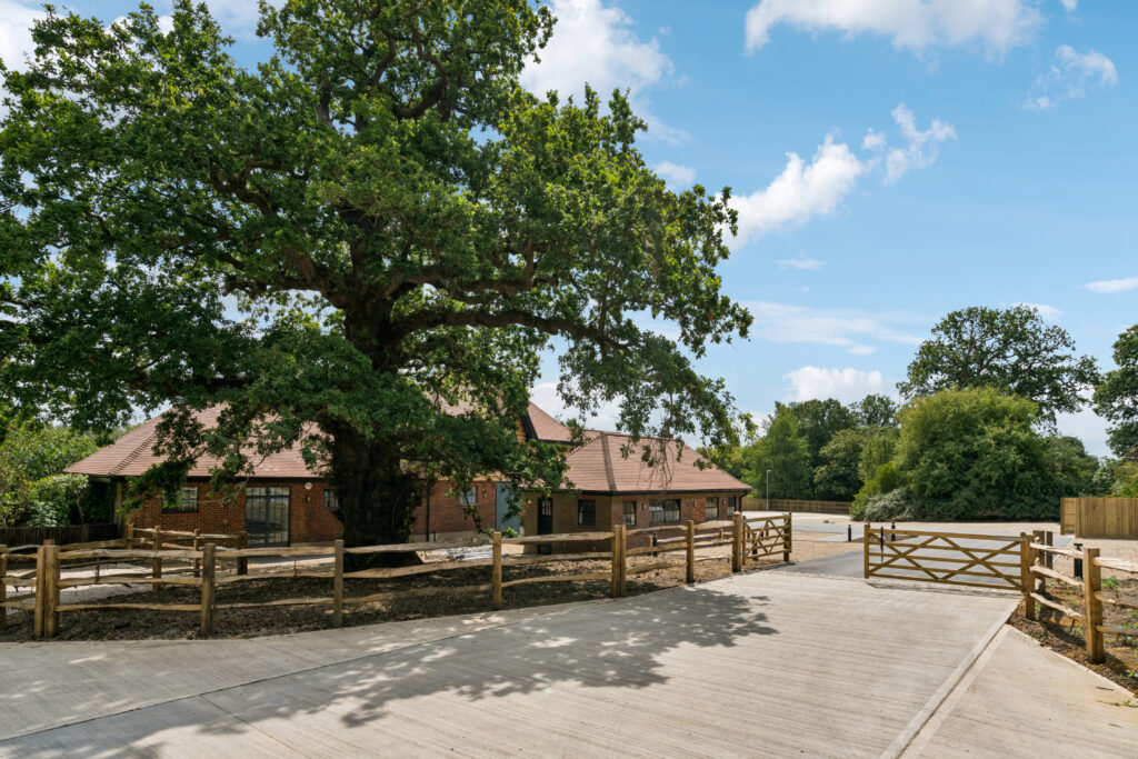 Large mature oak tree beside a red-brick building, surrounded by timber fencing, open grounds, and a paved access road.