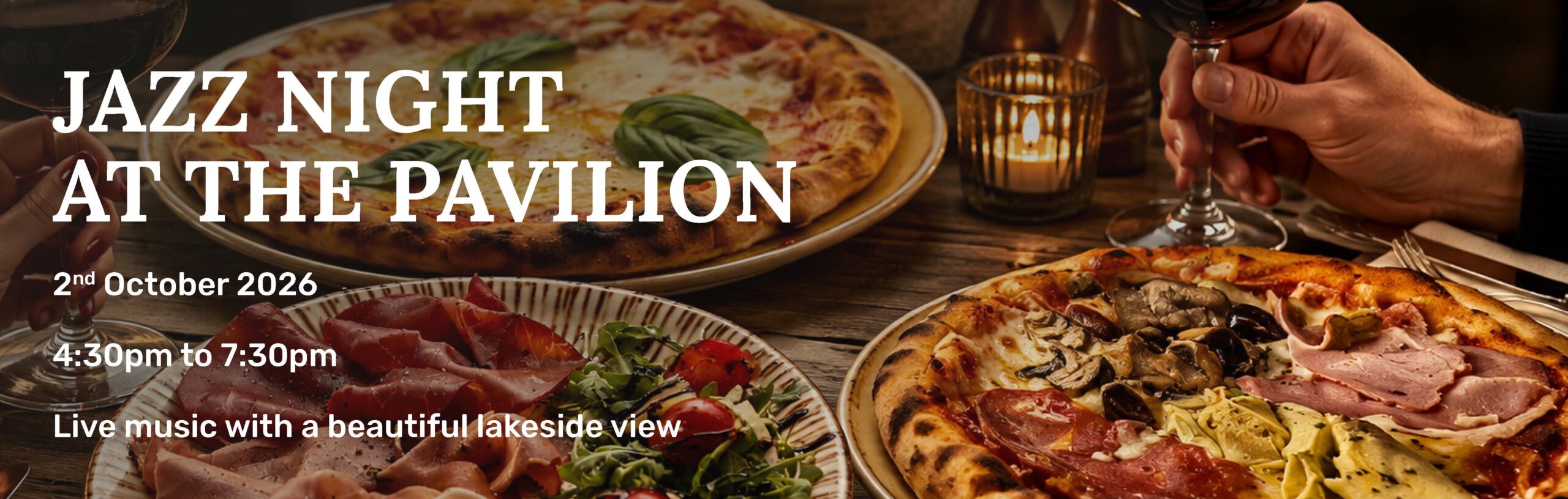 A table pf pizzas, salads and wine.