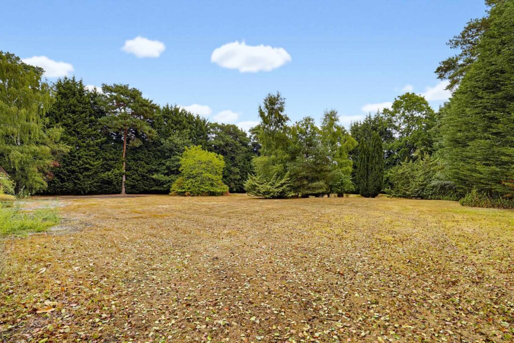 Large private garden with mature trees, open lawn and woodland surroundings.