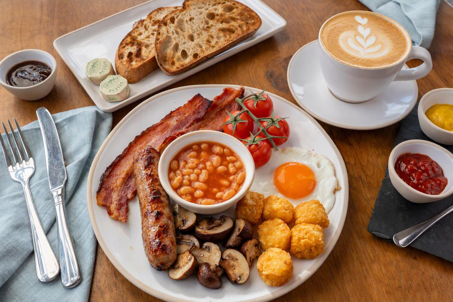 Hearty breakfast with Sourdough Toast and a Cappuccino.