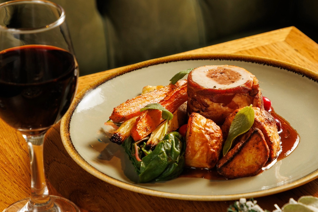 Turkey Roast lunch with a glass of red wine.