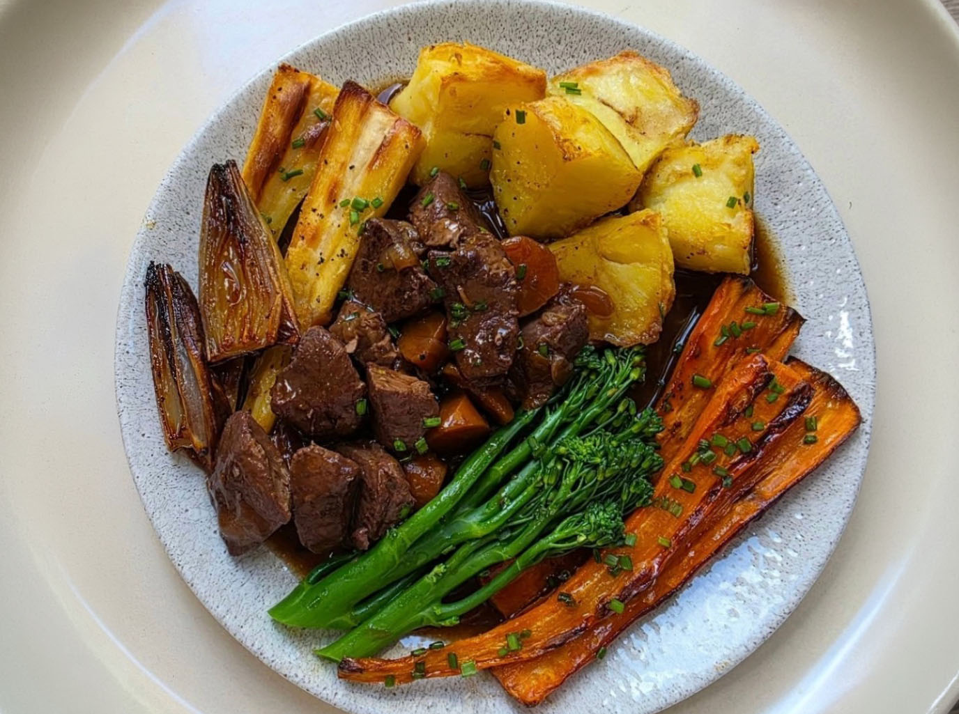 Venison stew with tenderstem broccoli, carrots and parsnips